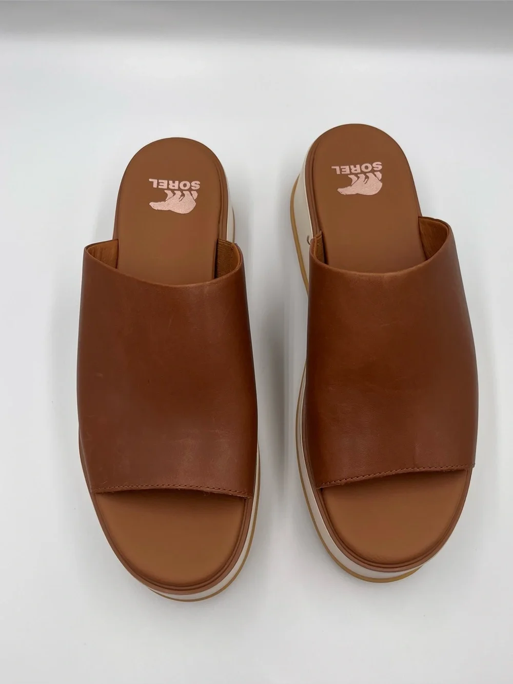SOREL Dayspring Brown Leather Platform Slide Sandals Size 9